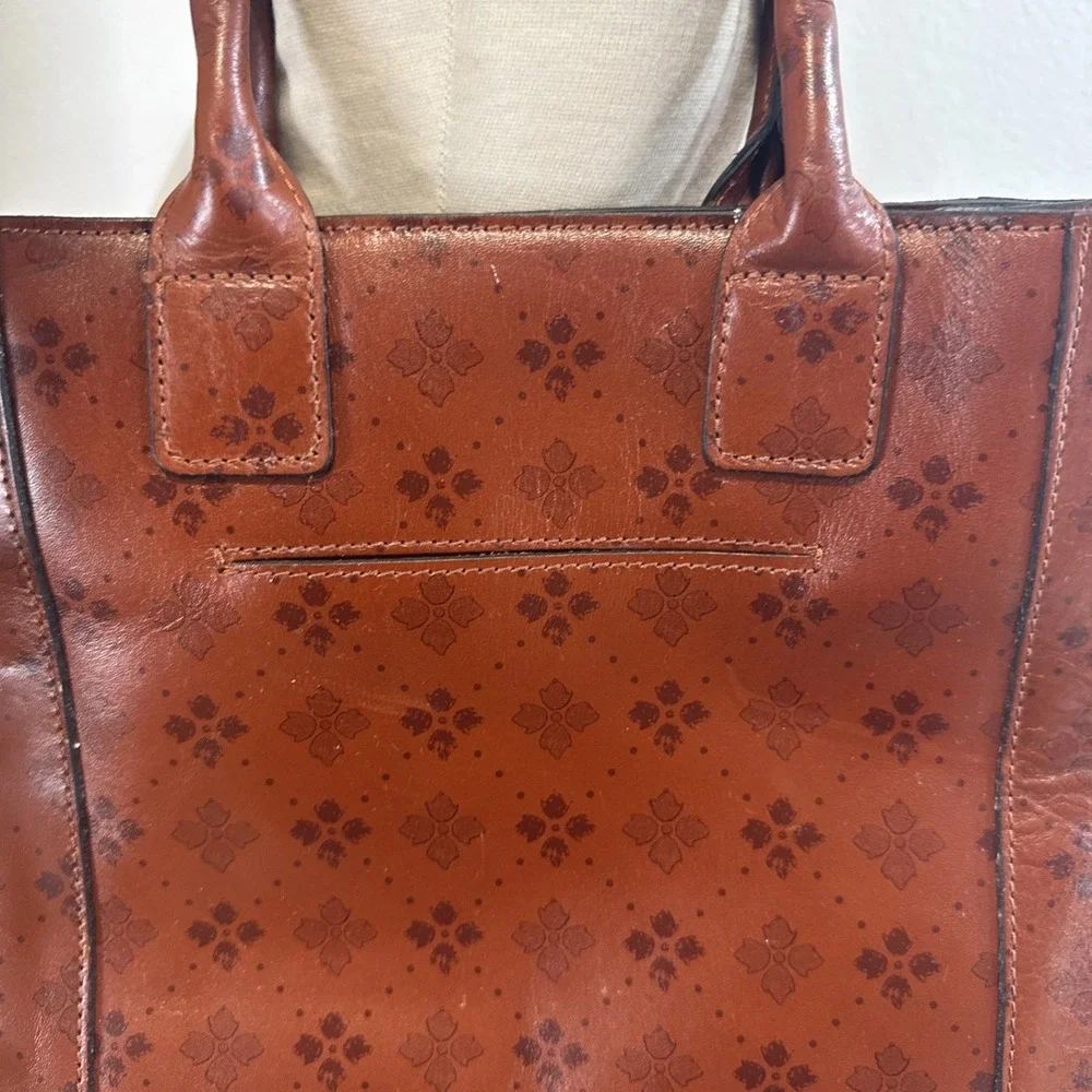 Patricia Nash Brown Leather Tote Crossbody AOP Signature Floret Embossed Bag